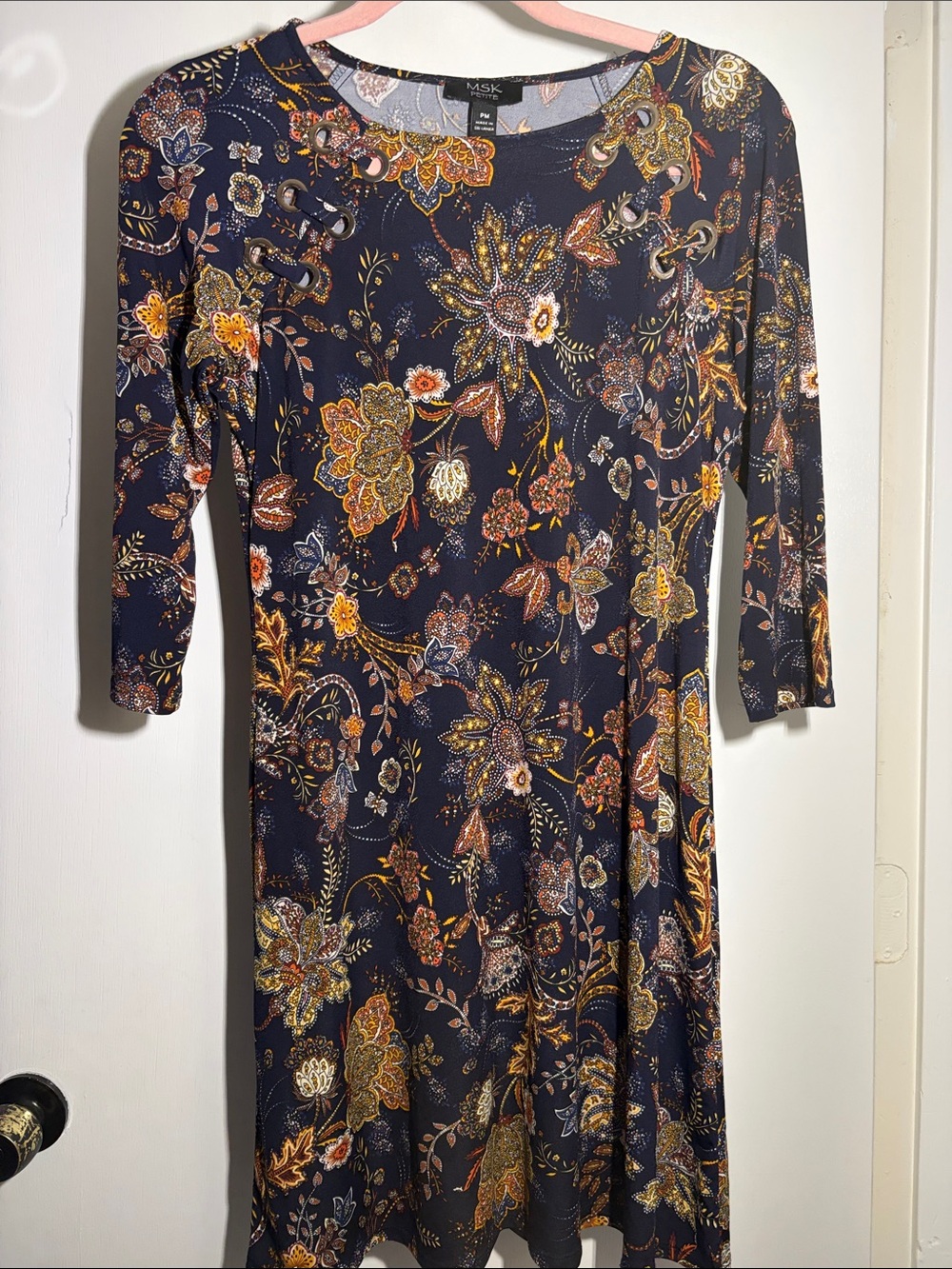 MSK Navy Floral Lace-Up Midi Dress with Gold and Rust Accents
